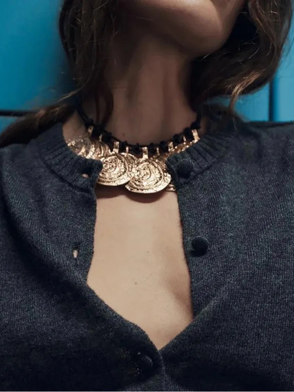 Zara Medallion Knotted Cord Choker Necklace on Leather Cord Golden